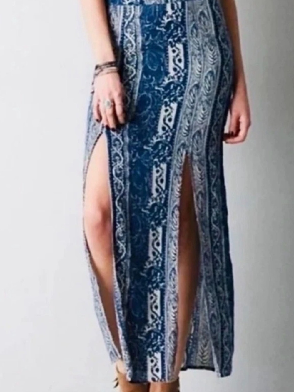 American Eagle Blue Printed Maxi Skirt with Front Slits Size 6
